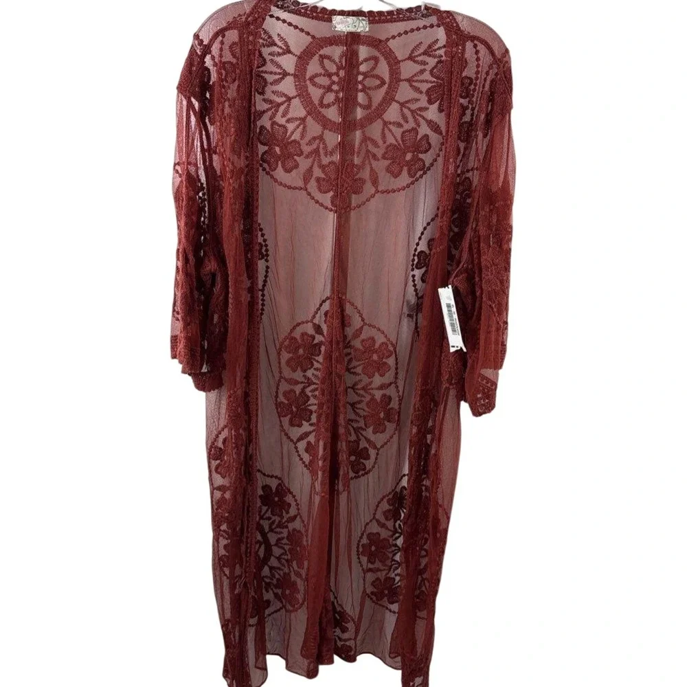 Free People Sheer Floral Lace Duster Kimono Burgundy Rust Medallion OS